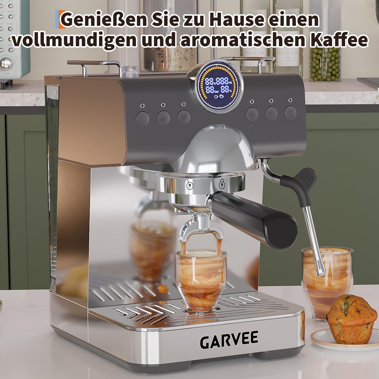 GarveeTech Macchina da Caffè Automatica 20 Bar, Espresso E Cappuccino Con Termoblocco & Ugello A Vapore Manuale,Serbatoio 1.5L, Per Espresso, Latte (nero)