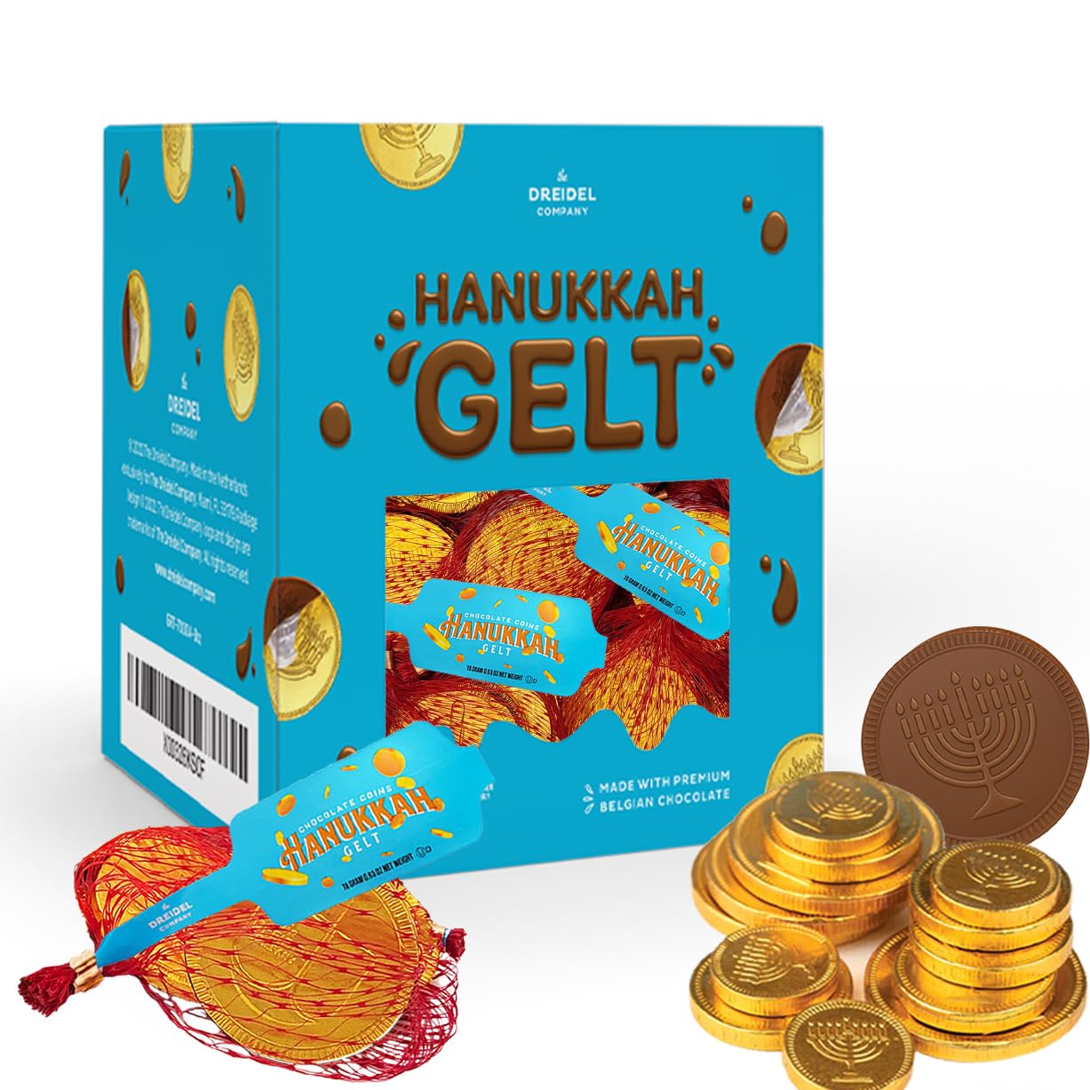 The Dreidel Company Hanukkah 10-Mesh Bags Chocolate Gelt Gold Coins With Dreidel and Menorah design, Milk Chocolate Gelt, Kosher OU-D Certified (10 Bags) 4 Coins per Bag