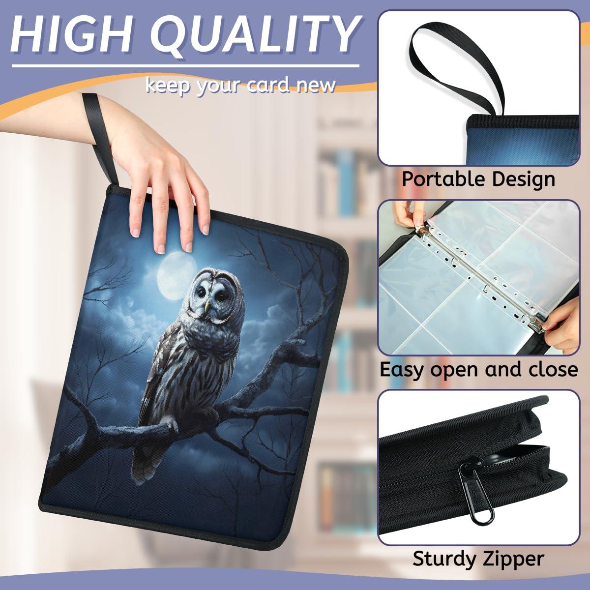 Classeur pour cartes à collectionner - 4 pochettes - Motif hibou et lune - Pour Halloween - Avec pochettes amovibles - Étanche - Avec fermeture éclair - Capacité de 50 pages et 400 cartes