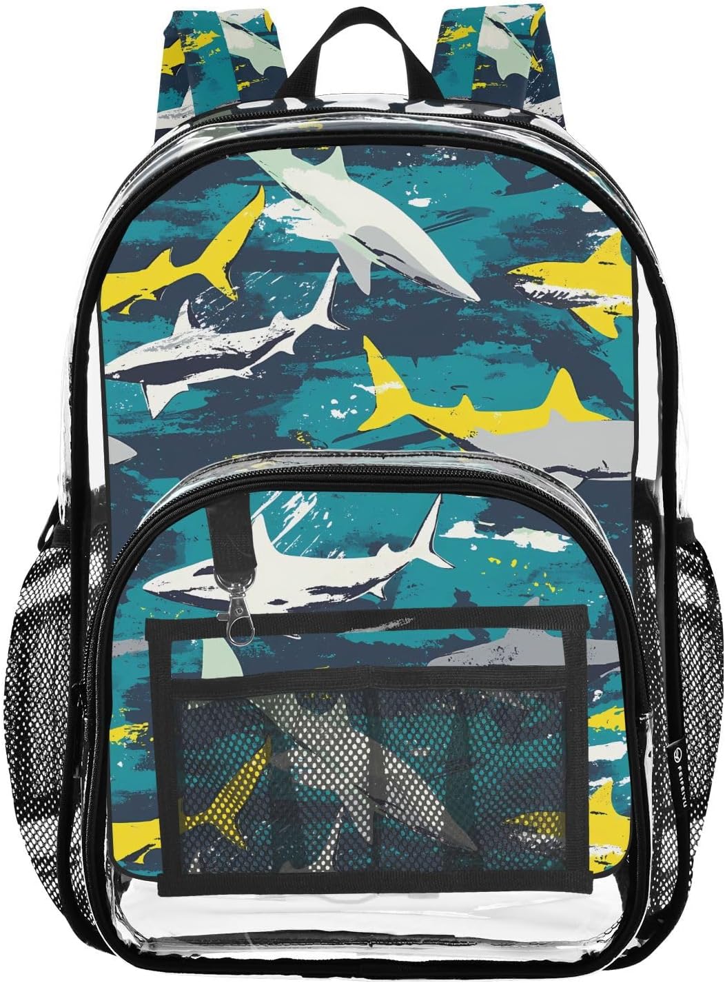 Abstract Shark Oil Painting Clear Backpack Heavy Duty See Through Transparent PVC BookBag for Kids Boy Girl Adult School Work