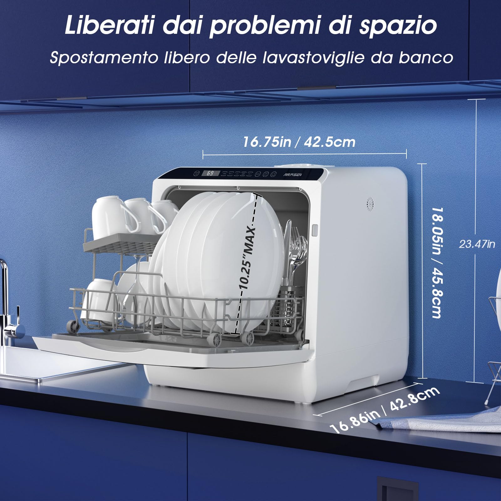 AIRMSEN Mini Lavastoviglie da Tavolo 5+1 Programmi, Serbatoio 5L, 2 Modi di Approvvigionamento Idrico, Touch Control e Display LED, Ideale per Cucine, Appartamenti e Dormitori, Bianco