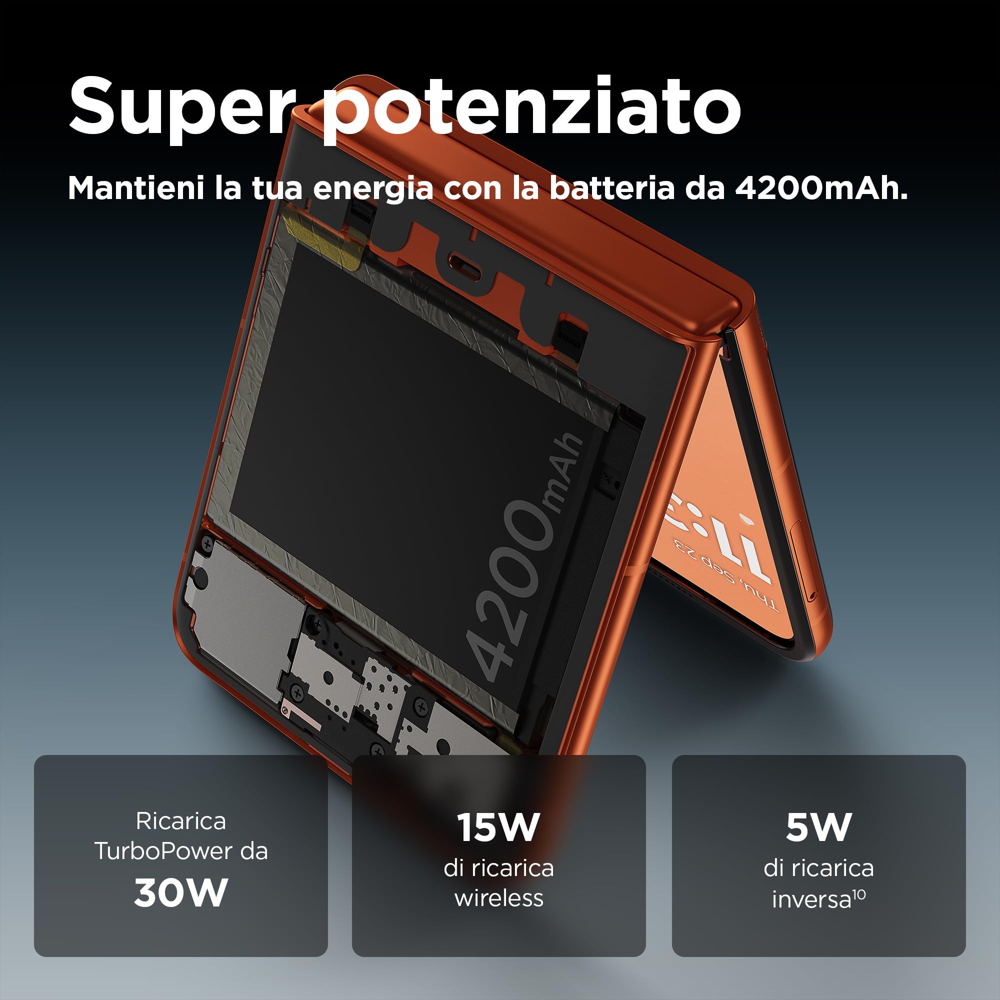 Motorola Razr 50 (8/256GB, AI, display esterno 3.6” pOLED, interno 6.9" pOLED, 50+13MP, selfie 32MP, MediaTek Dimensity 7300X, 4200mAh, ricarica 33W wireless 15W, Dual SIM, Android 14) Spritz Orange