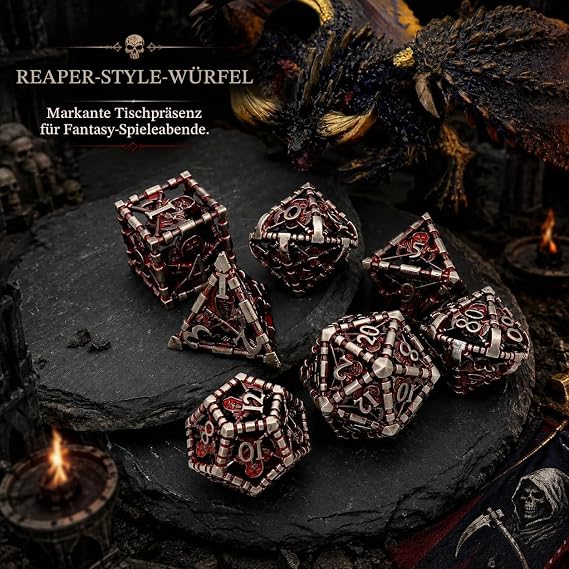 DND Dice Metal Game Dice Dungeons and Dragons Dice Set HNCCESG Hollow Grim Reaper D&D Dice Polyhedral Dice Set for Pathfinder MTG RPG DND Dice Set W20 W12 W10 W8 W6 W4 (Death Blood)
