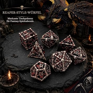 DND Dice Metal Game Dice Dungeons and Dragons Dice Set HNCCESG Hollow Grim Reaper D&D Dice Polyhedral Dice Set for Pathfinder MTG RPG DND Dice Set W20 W12 W10 W8 W6 W4 (Death Blood)