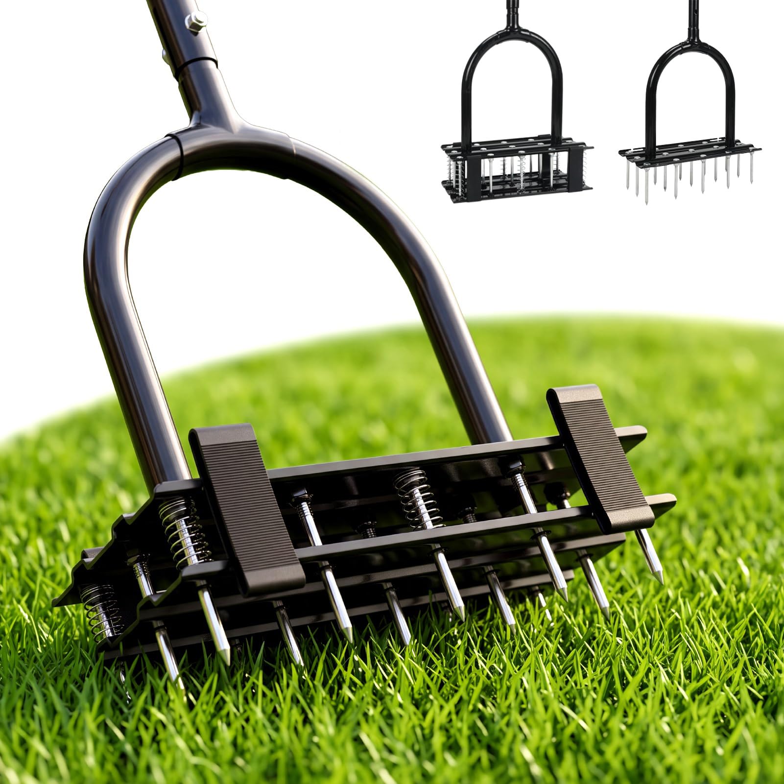 EYMPEU 2-in-1 Lawn Aerator – Detachable Spring Design with 15 Steel Spikes & 6 Springs, 3 Adjustable Heights – Ideal for aerator lawn tool in Yards and Gardens