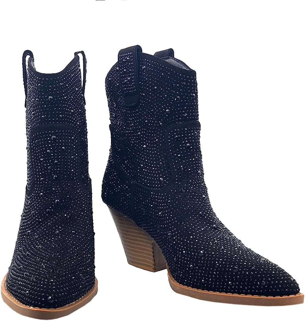 Women's Rhinestone Block Heel Mid Calf Short Ankle Booties Knee High Boots: Women's Rhinestone Block Heel Cowboy Mid Calf Short Ankle Booties Boots River-01 Charcoal 01 Size 6