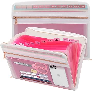 Mukawa 13 Pocket Zippered Expanding File Folder, Accordion File Organizer for Documents Letter Size A4 Papers Pink