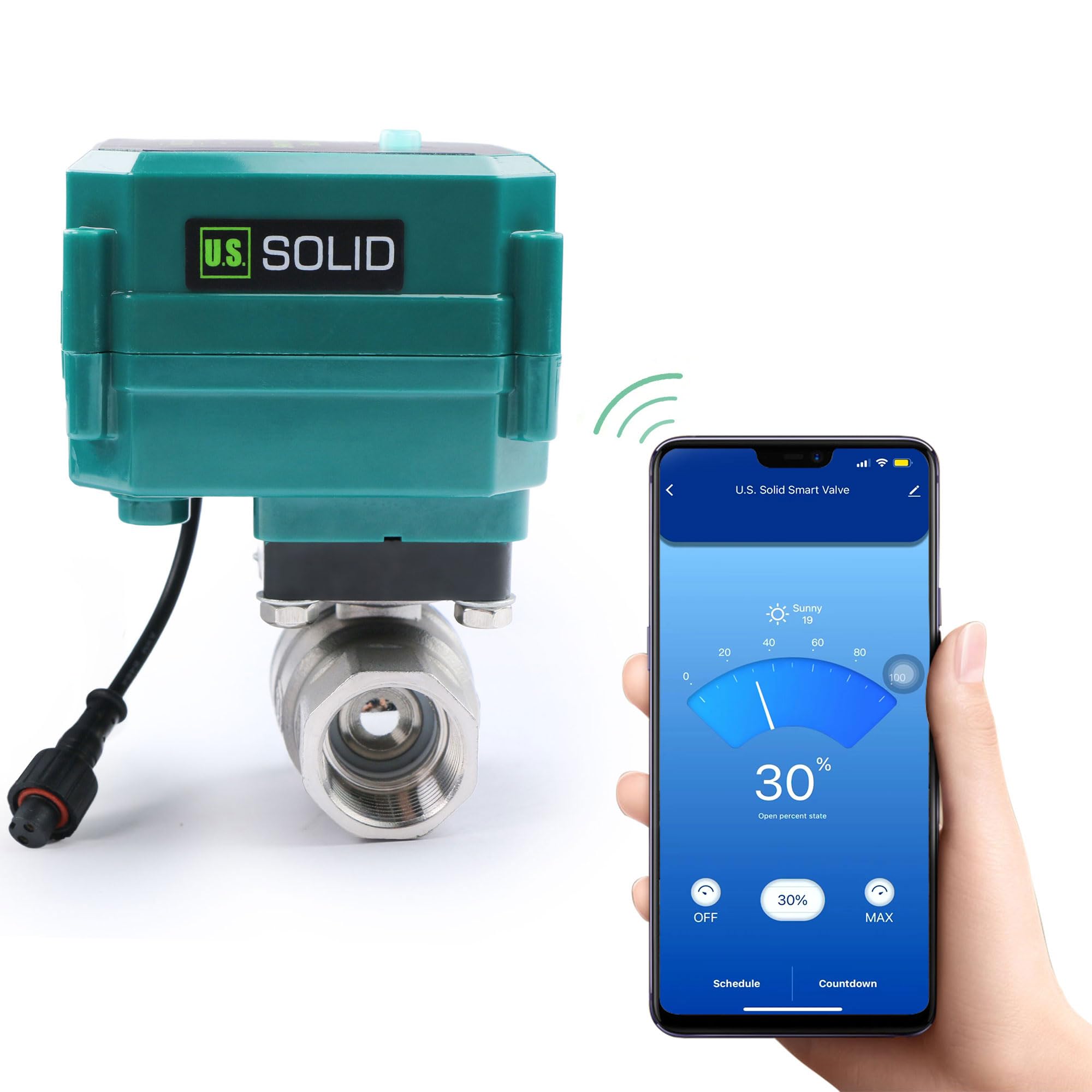 U.S. Solid Valvola a sfera motorizzata Smart WiFi intelligente 3/4" – Acciaio inox, controllo remoto via app e interruttore manuale, 5 V DC USB, filettatura G