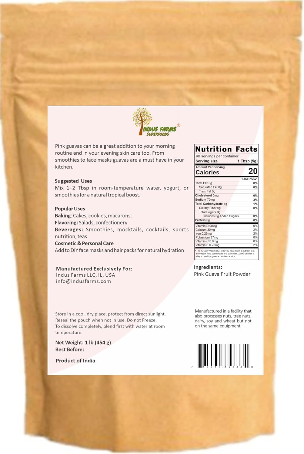 Indus Farms Pink Guava Fruit Powder – Natural Flavoring for Baking, Smoothies, Cookies, Macarons & Drinks | GMO-Free, Vegan, No Refined Sugars | 1 LB