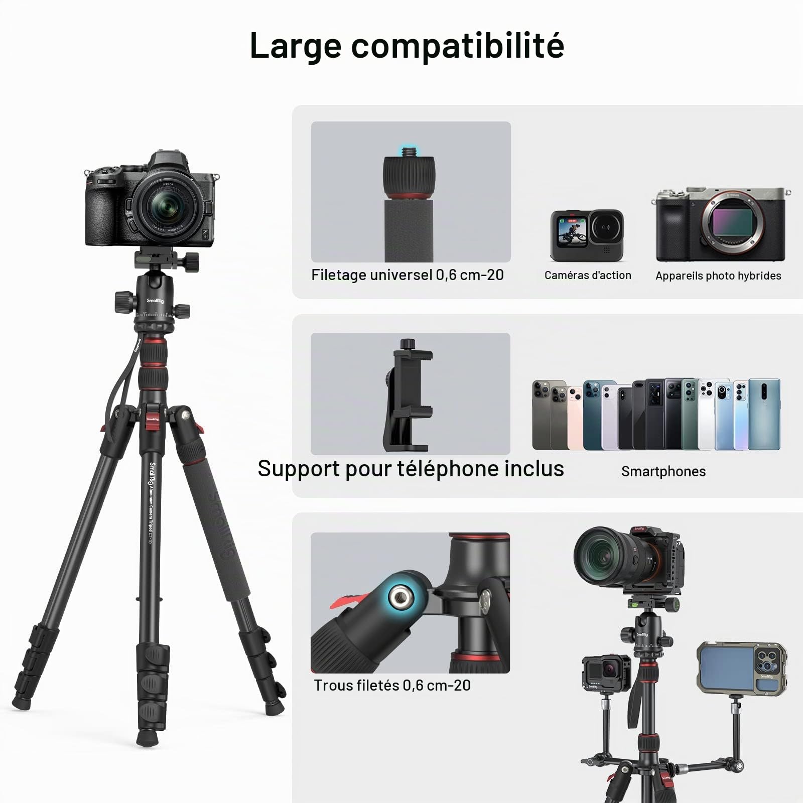 SMALLRIG Trépied Monopode pour Appareil Photo, 72" 182cm Trépied en Aluminium Léger et Portable, Rotule Panoramique à 360° Plaque à Dégagement Rapide, Charge Max 15kg, Réglable de 17" à 72" - 3935