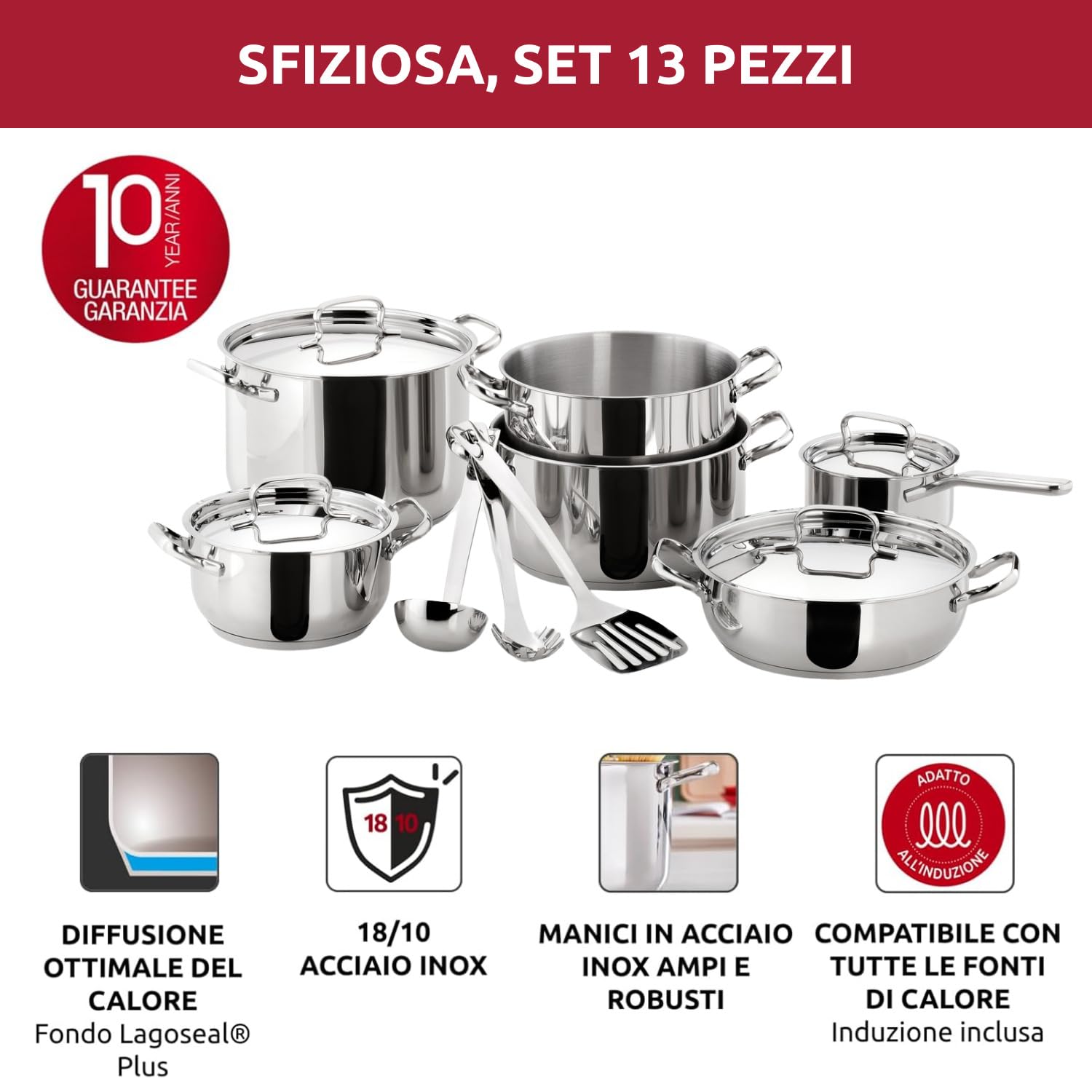 Lagostina Set di Pentole Induzione, Gas e Forno in Acciaio Inox 18/10, 13 Pezzi, Fondo Lagoseal Plus Triplo Strato, Batteria Pentole con 4 Casseruole, 2 Pentole, 4 Coperchi, 3 Utensili Cucina