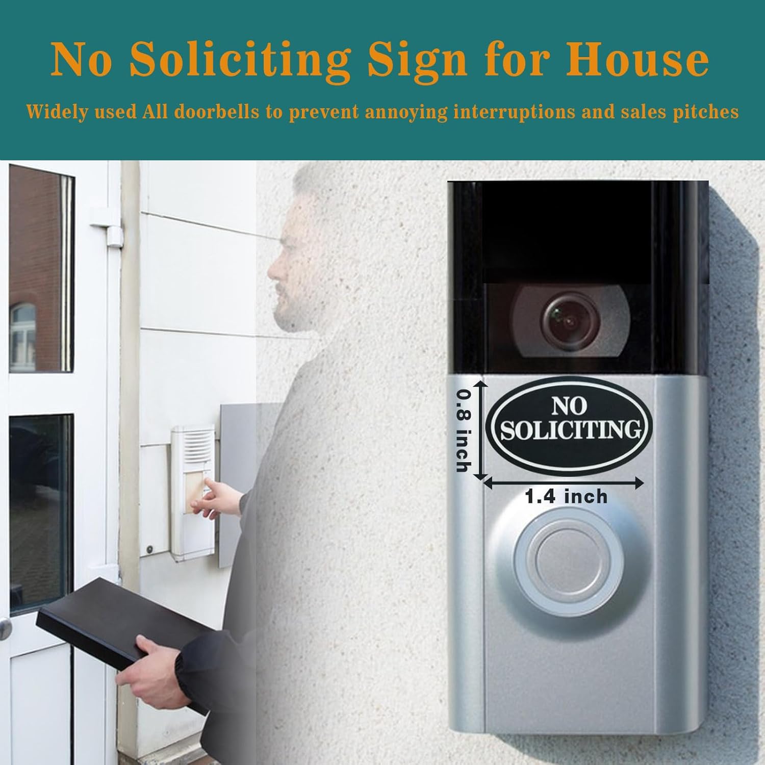 Small No Soliciting Sign for House,6 Pcs No Soliciting Sign,Weatherproof with Glow in the Dark Stickers,Tiny Size Perfect for Video Doorbell,No Solicitation Sticker for Front