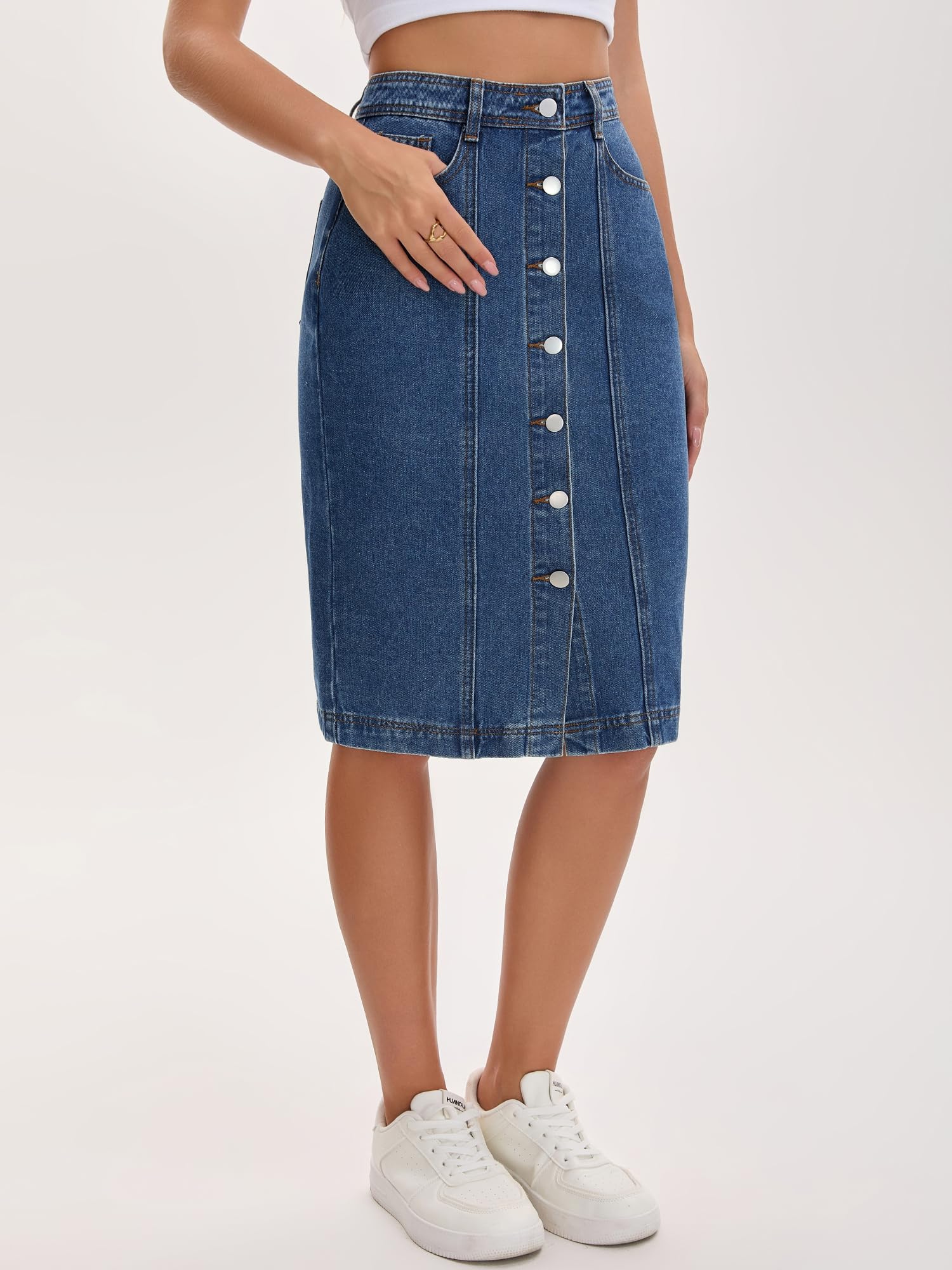 Femme Jupe en Jean Boutonnée Longueur Genou | Boutonnée Longueur Genou Poches Obliques Coupe H Taille Haute Délavée Jupe Crayon en Jean