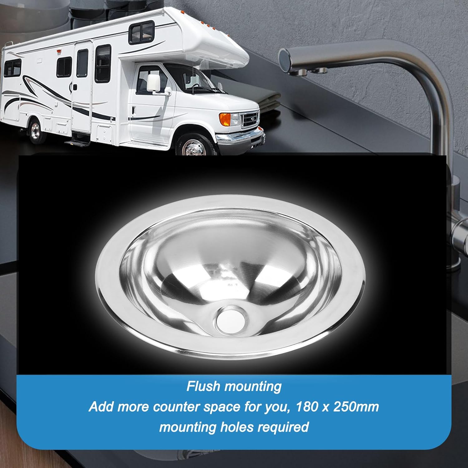 Round Stainless Steel Sink, Scratch Bar Prep Sink with Drain Pipe, Mirror Polished RV Sink, Ideal for Caravans, Motorhomes, Boats, Suitable for RVs, Campers, Yachts,