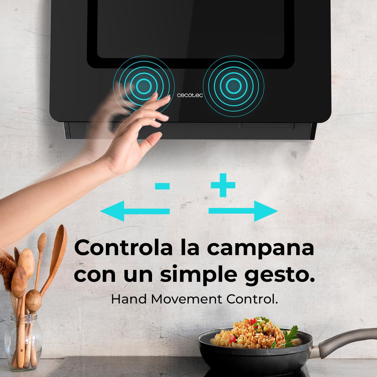 Cecotec Campana Extractora Decorativa 60 cm Bolero Flux DT 608002 Glass Black A++, 210W, Iluminación LED, Succión 800m3/h, Control Táctil, 3 Niveles, Filtro Carbono, Hand Movement, Delay Function
