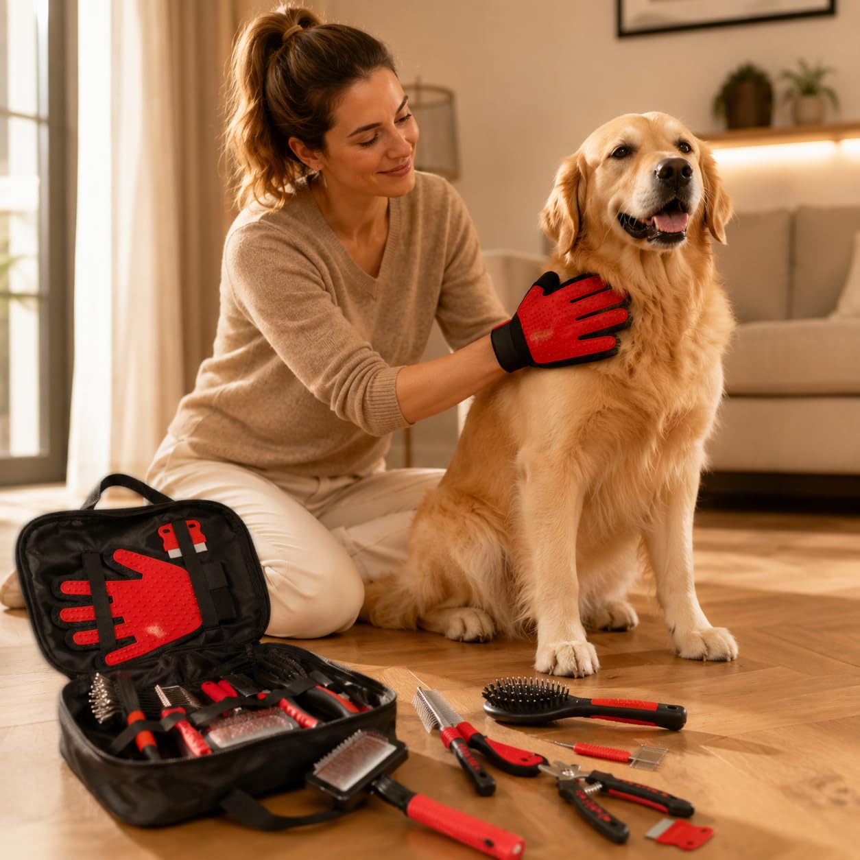 Pflegeset für Hunde oder Katzen, 9-teilig, komplettes Pflegeset | Bürste, Kamm, Nagelknipser, Handschuh zum Entfernen von Haaren | mit Aufbewahrungstasche | für Hunde und Katzen