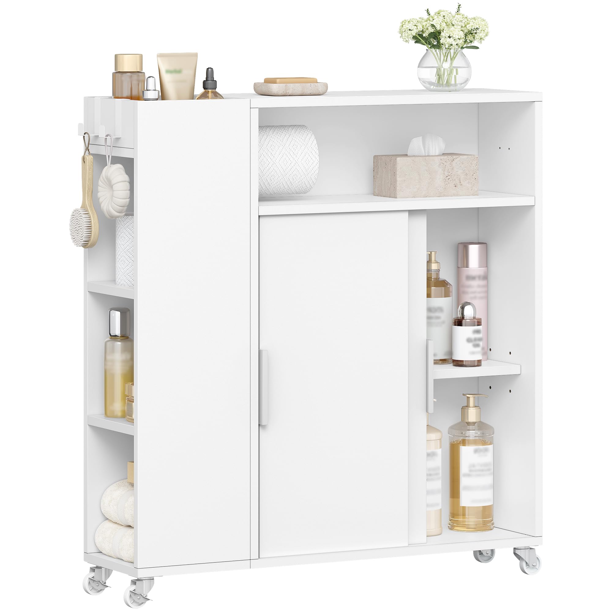 Hzuaneri Mueble de Baño on Ruedas, Estrecho, Mueble Empotrado con Puertas Correderas, Portarrollos, Estantes Ajustables, para Baño, Salón y Cocina, 20 x 70 x 80 cm, Blanco BC66603X