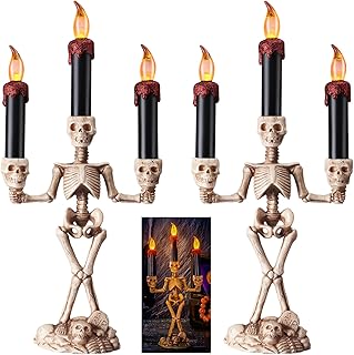 Reginary 2 Pcs Halloween Flameless Triple LED Candles Skeleton Skull Candle Holder Stand Flickering Battery Operated Skeleton Lamp Decorative Candle Holder Light for Indoor Outdoor Home Decorations