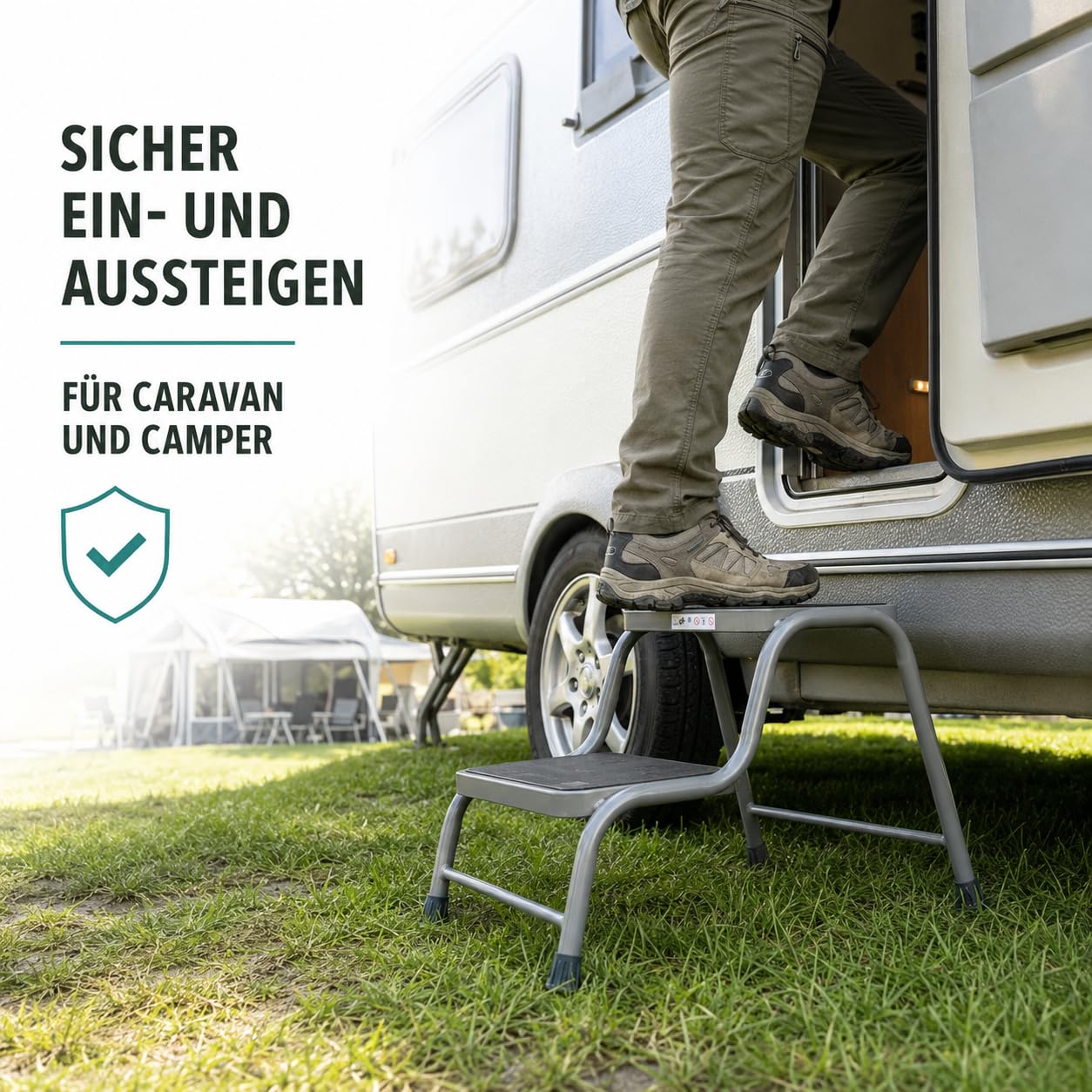 Happy Rhino - Doppelte Trittstufe Deluxe - Wohnwagen Trittstufe - Campingstufe - Wohnmobil Einstiegshilfe - Grau - 64 cm