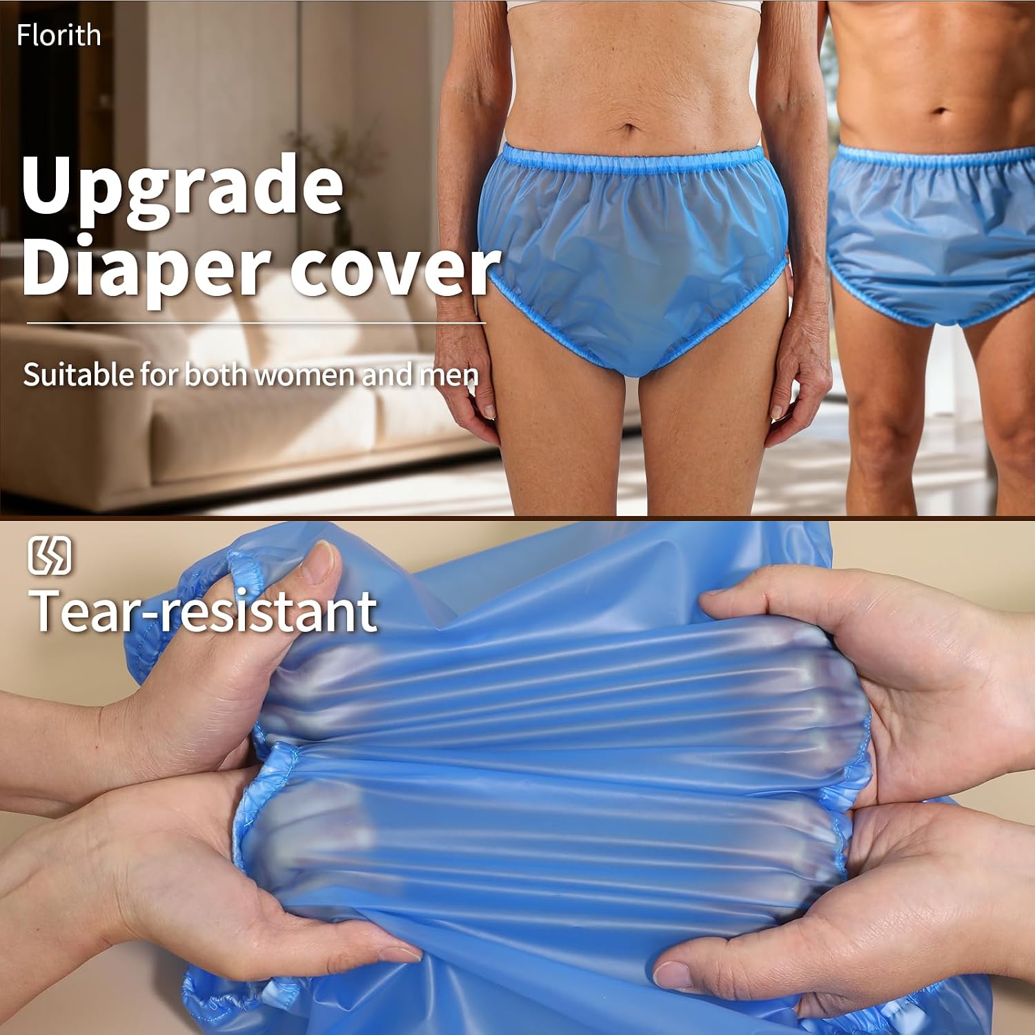 2 Pack Adult Incontinence Pants TPU Waterproof Diaper Cover, Plastic Pants for Adults with Side Leakage Protection, Reusable Rubber Pants Plastic Underwear for Men & Women (Blue, M)