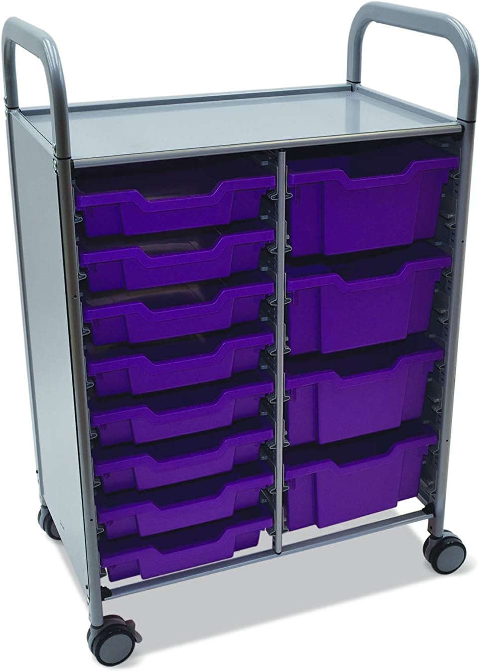 Gratnells Callero Plus Double Trolley, Stylish, Modern, Mobile Storage Unit/Cart with curve handles and 8 Shallow Trays and 4 Deep Trays in Plum Purple