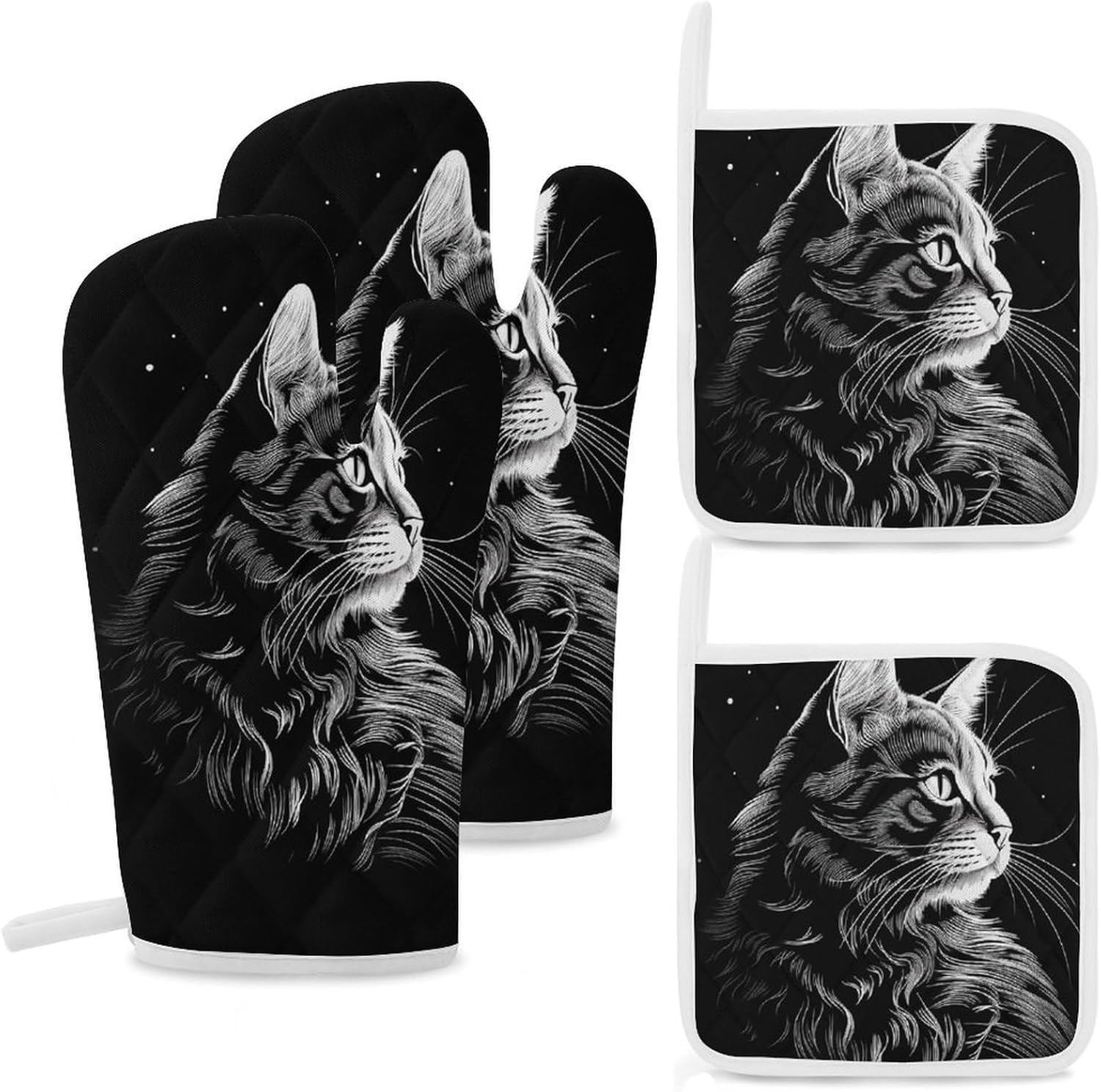 Oven Mitts Pot Holders Kitchen Cat Silhouette Heat Resistant Oven Glove for Baking and Cooking