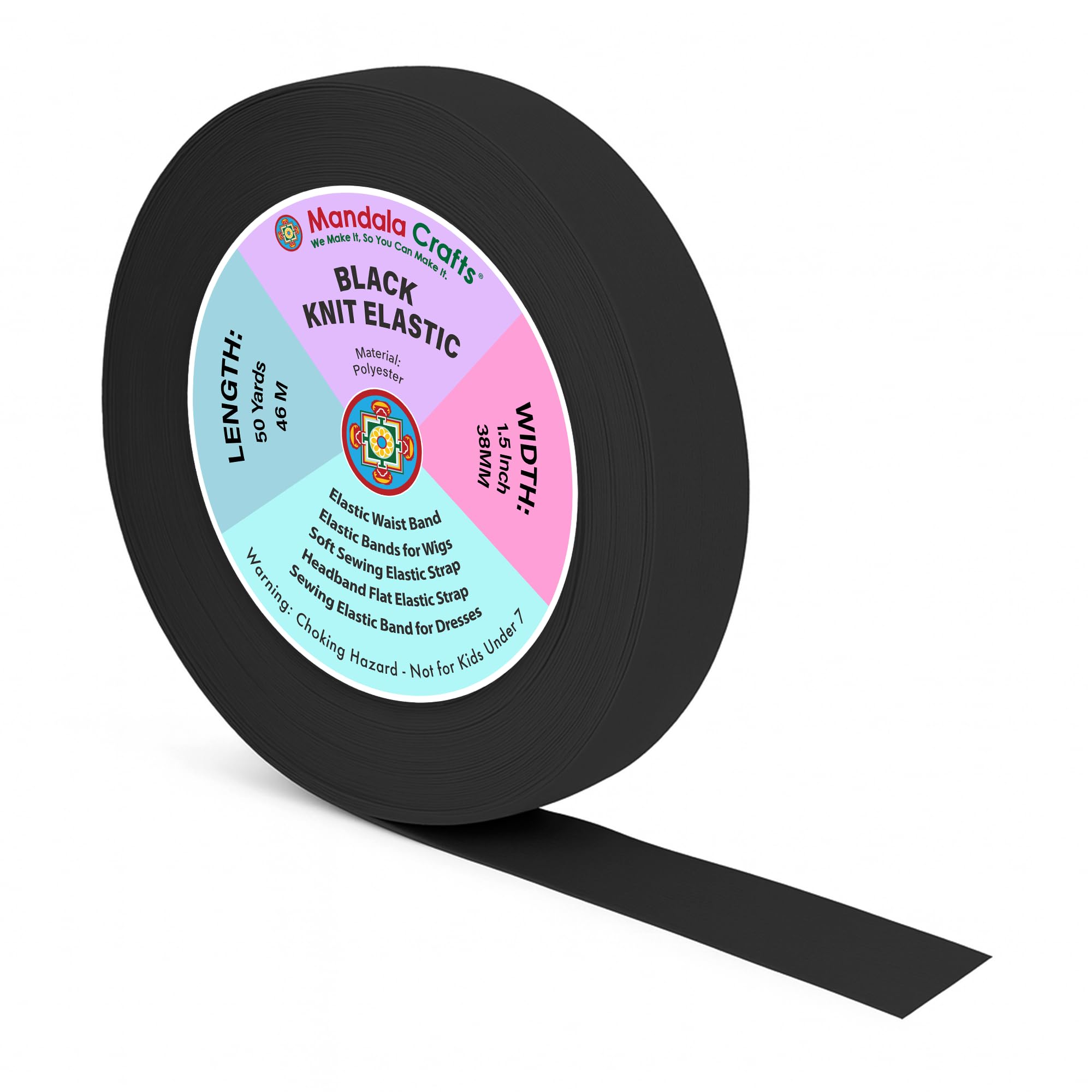 Mandala Crafts Wide 1.5 Inch Black Elastic Bands Spool for Pants Waistbands Sewing and DIY Crafts, 50 YD Stretchy Flat Fabric Strap Knit Elastic Band