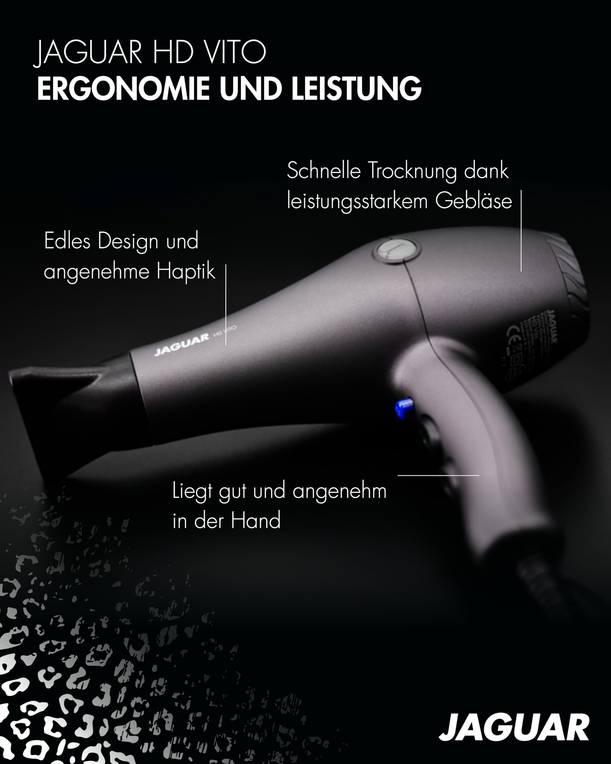 JAGUAR Haartrockner HD VITO | individuelle Heiz- & Gebläseeinstellungen | Profi Föhn | 3 Heizstufen, 2 Gebläsestufen, Sofort-Kalt-Taste | 2,8m langes Kabel | 2 Aufsatzdüsen | Vom Profi für Dich