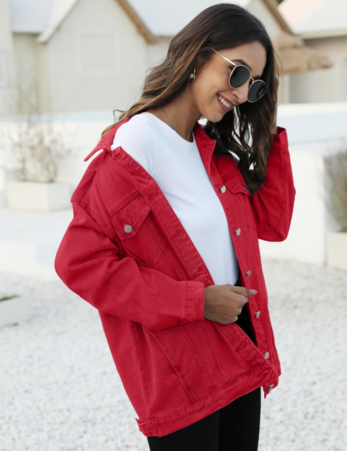 Omoone Women’s Oversized Mid Long Denim Jacket Jean Biker Coat