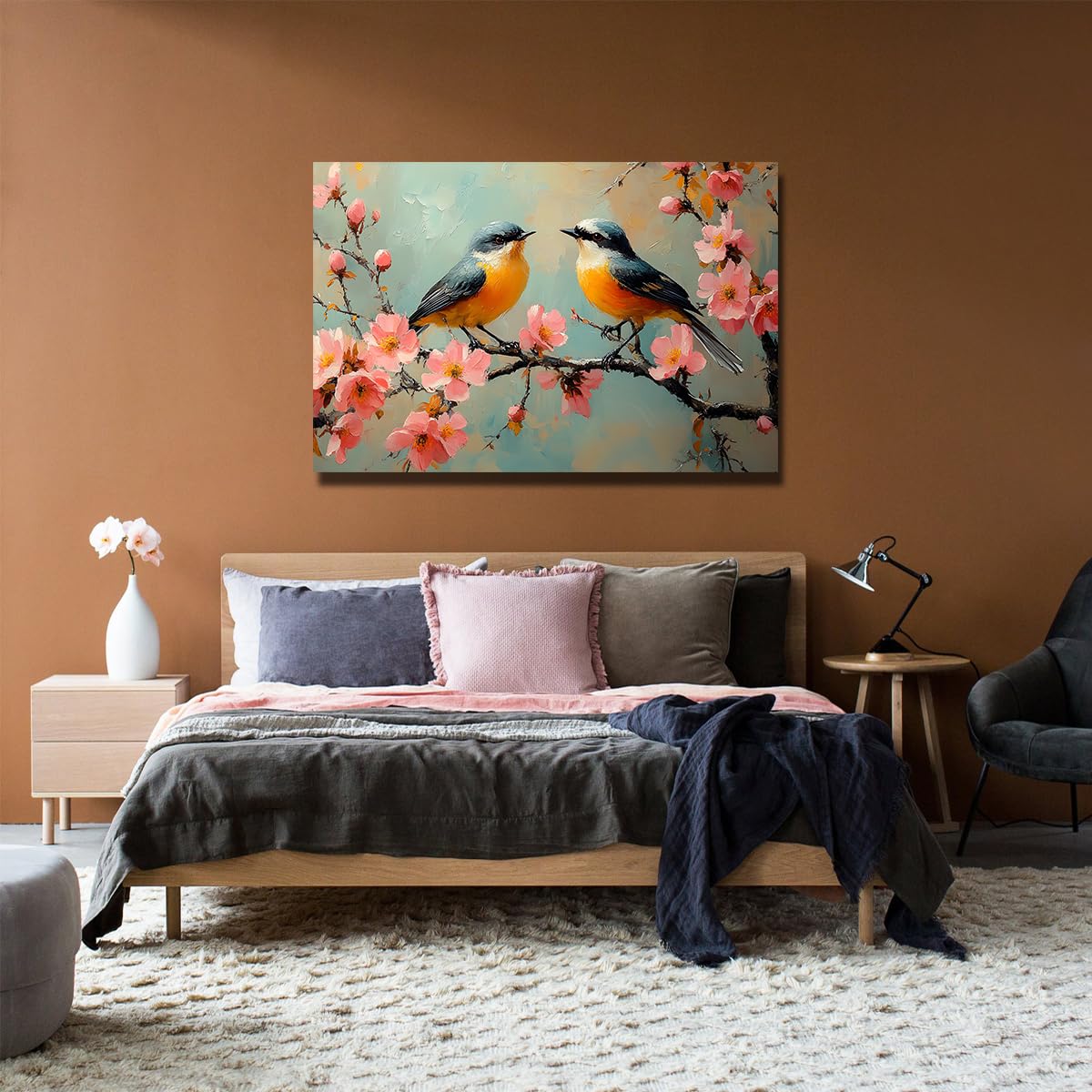 CHERHERART Oiseaux Branche de cerisier Toile Art mural Impressionniste Affiche printemps-été pour salon Tirages romantiques sur toile campagnards 70x110cm Sans cadre