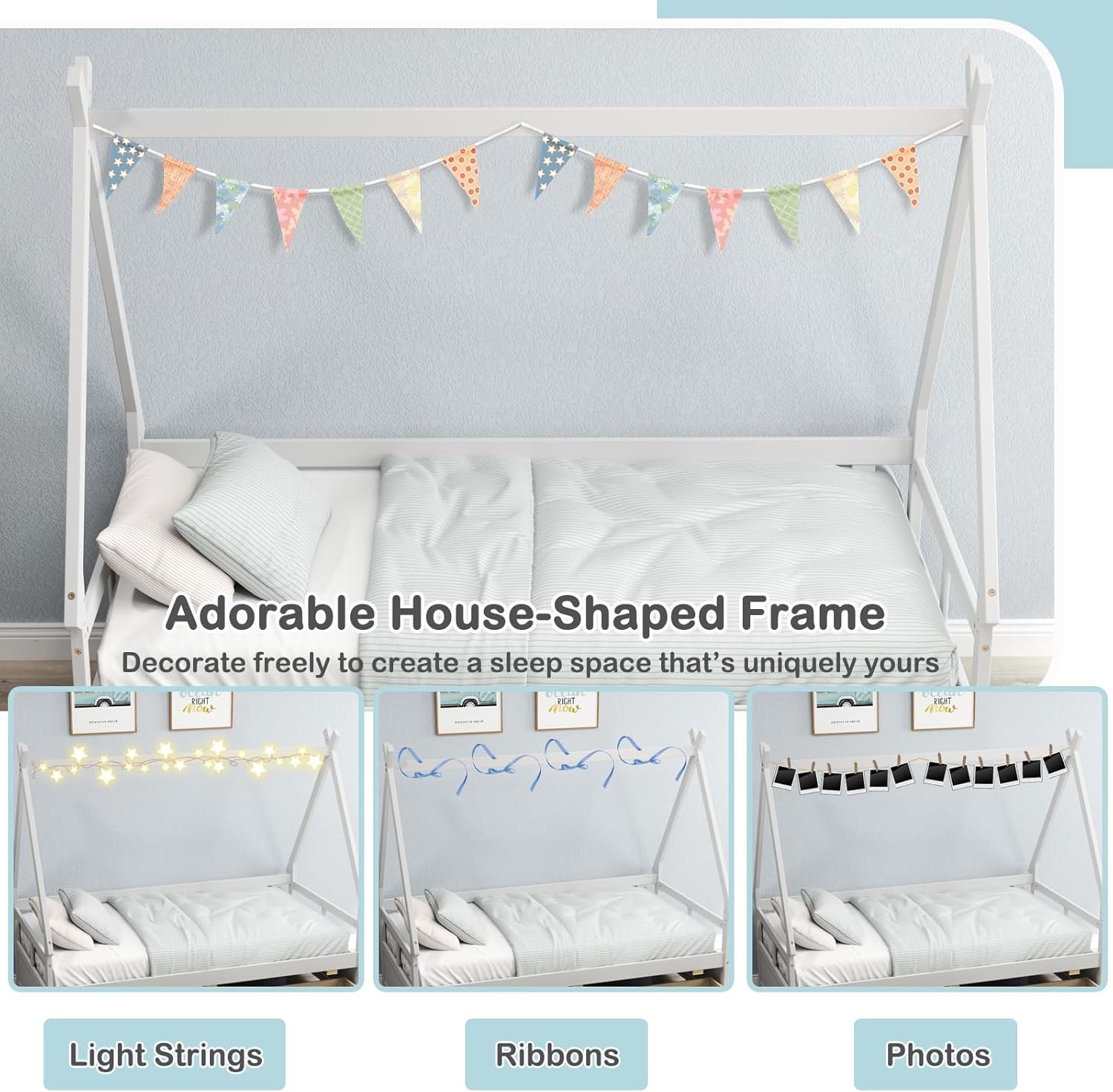 KOMFOTT Twin House Bed with 2 Storage Drawers, Daybed Platform Bed with Roof, Safety Guardrail, Solid Wood Frame & Wood Slat Support, Montessori Playhouse Bed Frame, No Box Spring Needed