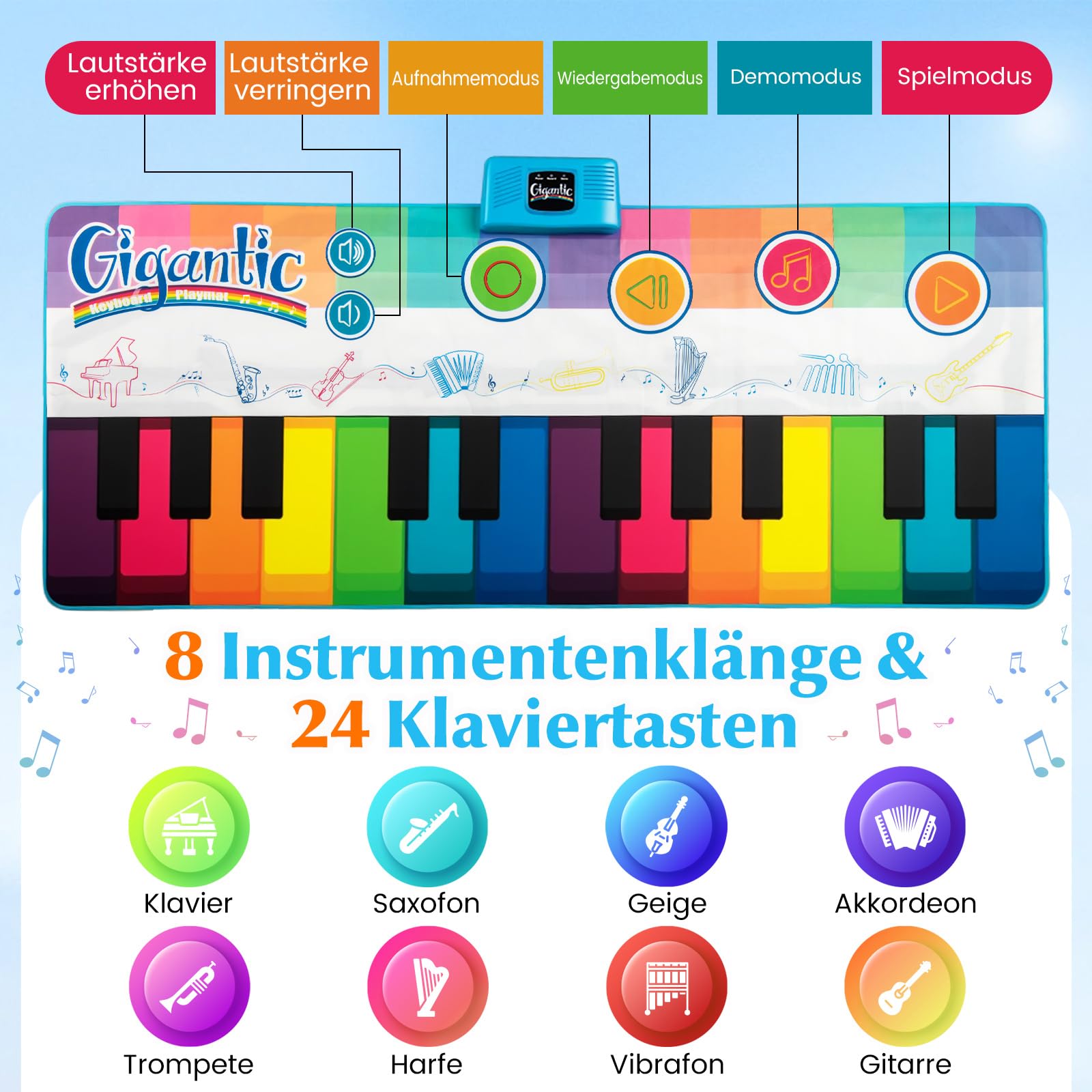 COSTWAY Musikmatte Kinder, Klaviermatte mit 8 Musikinstrumente, Keyboard Tanzmatte mit Aufnahme & Wiedergabefunktion, Spielzeug Geschenk für Kleinkinder Jungen Mädchen ab 1 Jahr (181 x 73 cm)