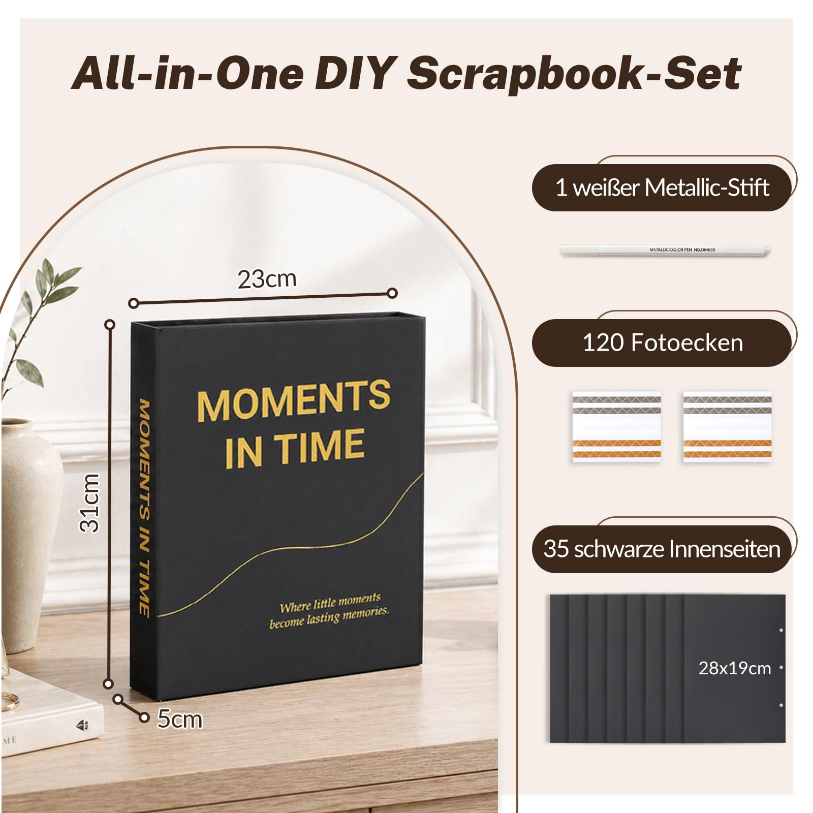 DazSpirit Fotoalbum zum Selbstgestalten, Scrapbook Album mit 70 Schwarze Seiten, 3-Ring-Fotobuch zum Einkleben, mit Fotoecken & Stift, Gästebuch für Hochzeit Geburtstag Geschenk (Schwarz)