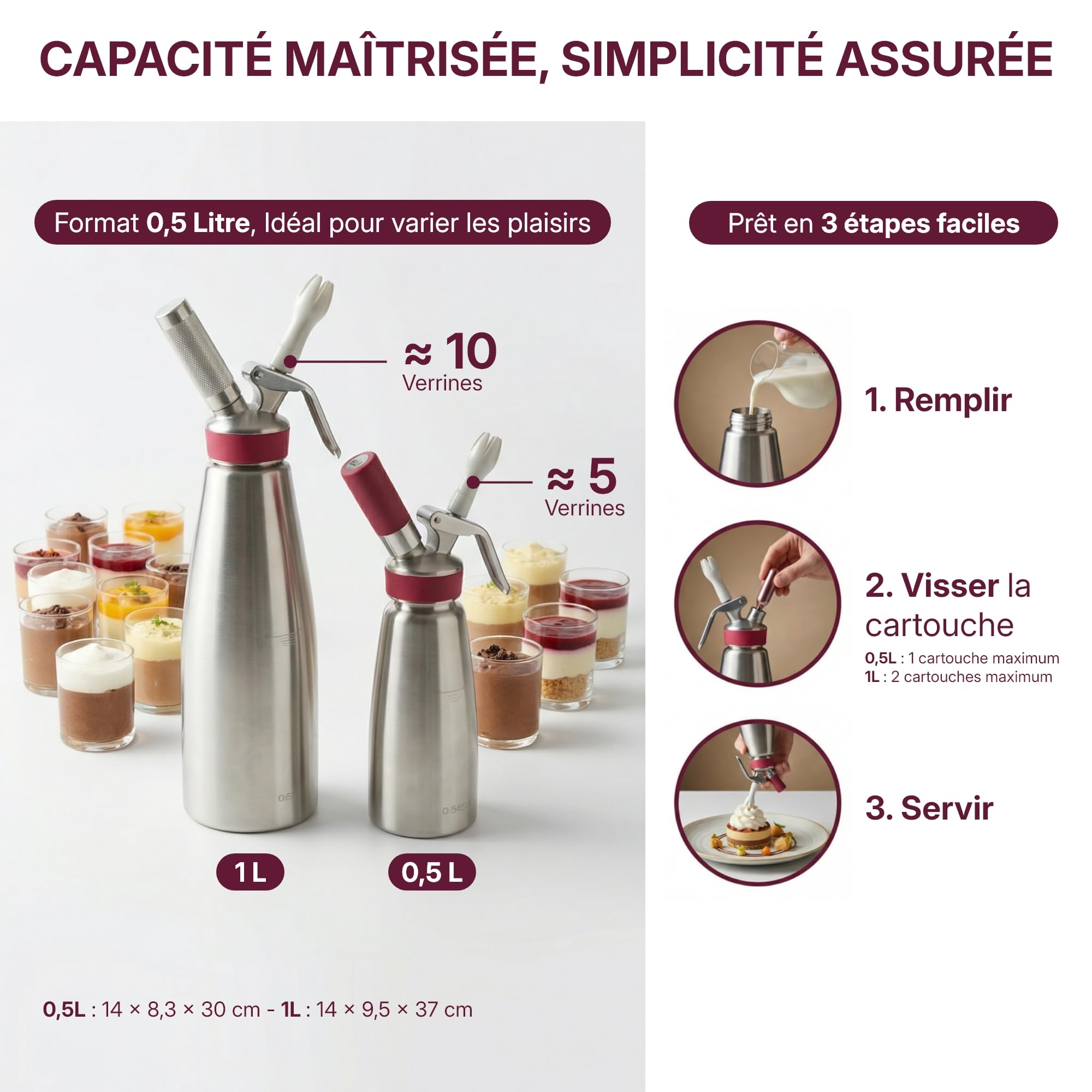 Gobel - Siphon chantilly professionnel cuve et tête inox 0,5L - NF D21-901 | Chantilly, sauces, espumas, chaud ou froid jusqu'à 70°C ; certifié NF D21-901 et TÜV ; 3 douilles et brosse incluses