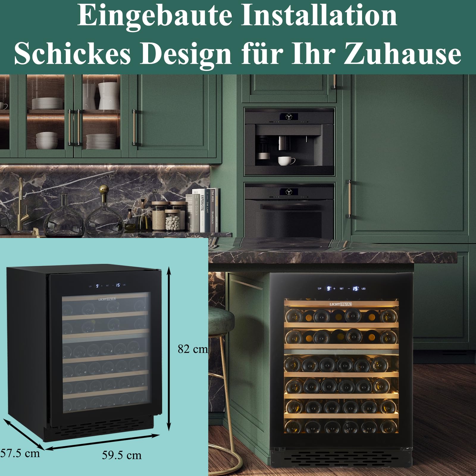 Weinkühlschrank 2 Zonen 71 Flaschen Einbaugerät Unterbau 60cm Breit UV-Glastür Holzablagen Leise 37dB