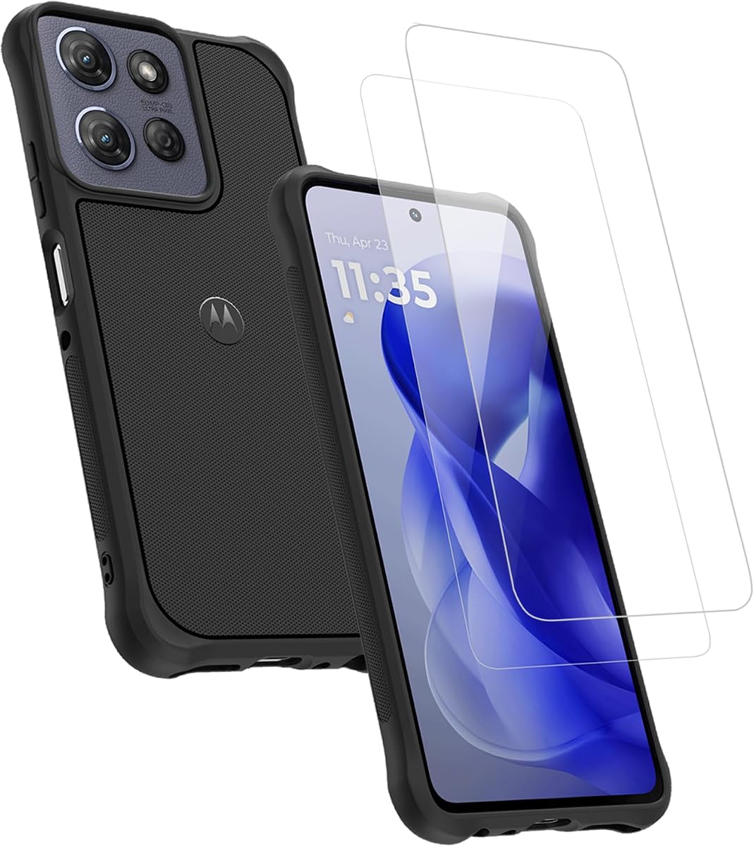 Paquete protector resistente para Motorola Moto G Power (2025/2026): funda negra para teléfono + (2) protectores de pantalla de vidrio templado 9H
