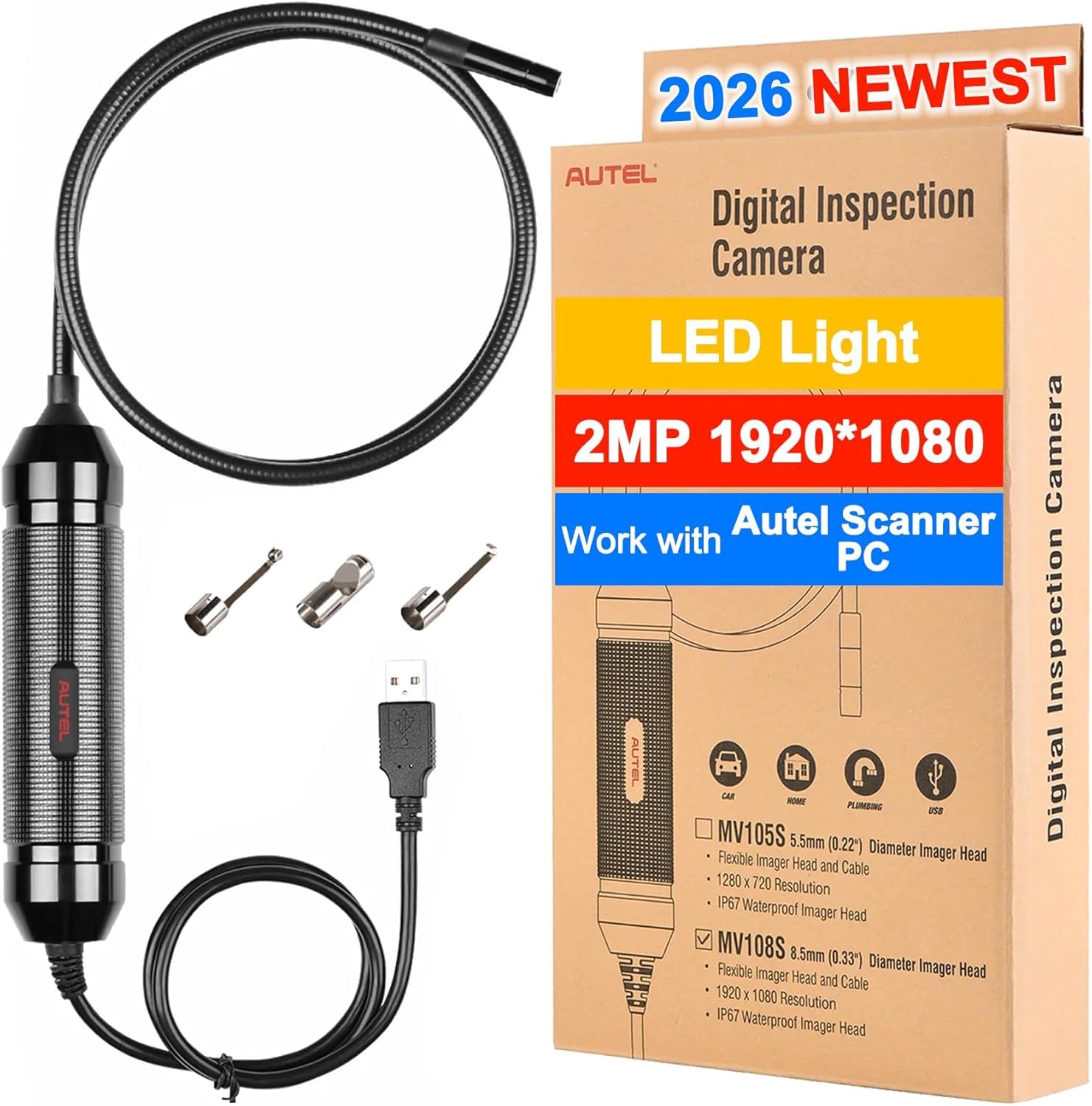 Autel MaxiVideo MV108S Digitale Inspektions Kamera, Neuere Ver der MV108, 8.5 mm USB Industrie Endoskop, IP67 Wasserdicht, 1920P HD Endoskop Kamera, 39.37 Zoll Flexible Kabel Schlangen Kamera