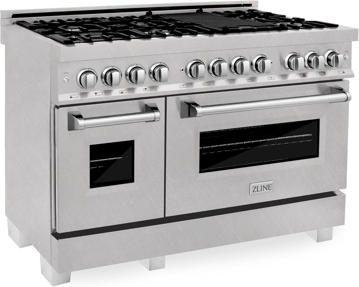 ZLINE 48 in. 6.0 cu. ft. Legacy Dual Fuel Range with 7 Burner Gas Cooktop and 2 Electric Ovens in Satin Stainless Steel and Blue Matte Doors (RAS-BM-48)