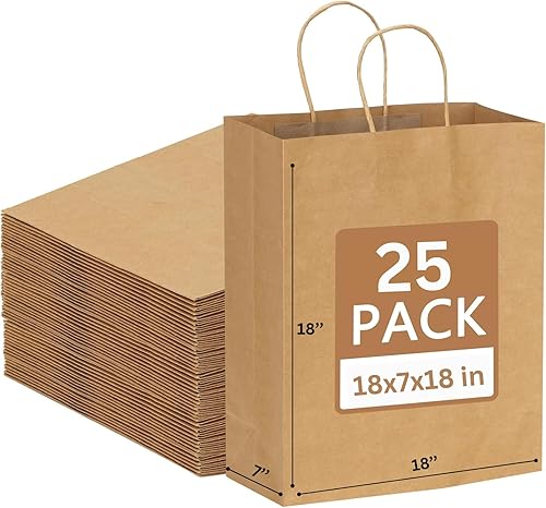 JET PAPER BAGS - Bolsas grandes de papel marrón con asas de 18 x 7 x 18 pulgadas 25 piezas ideales para llevar, comestibles, golosinas, venta al por