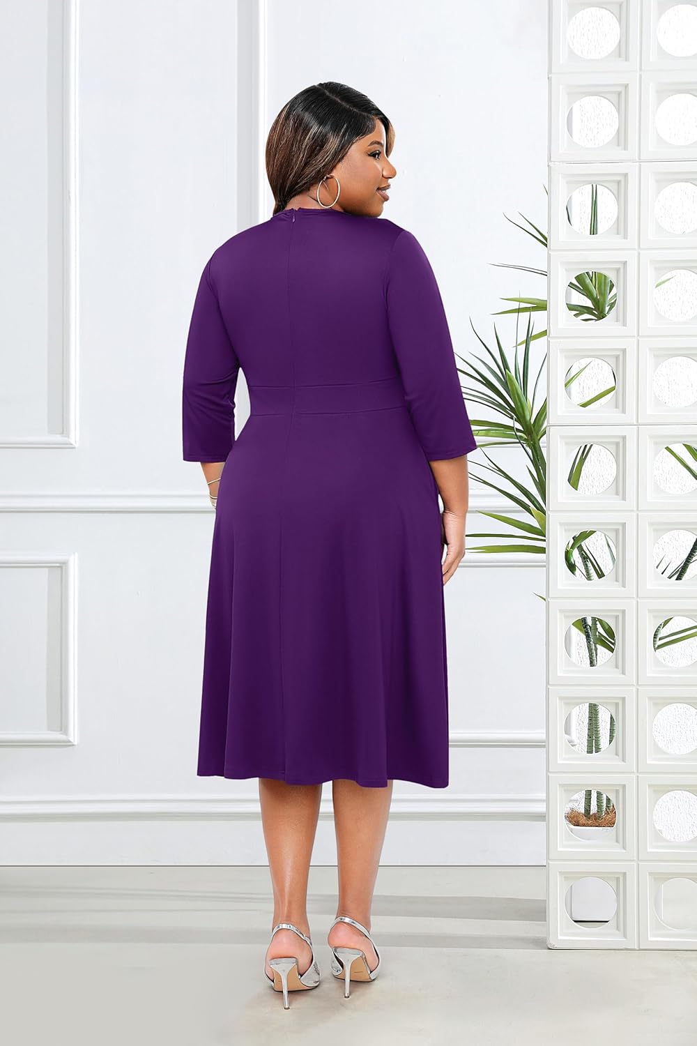 Runwind Plus Size Midi Dress for Women Casual Cocktail Church 3/4 Sleeve V Neck Work A-Line Dresses with Pockets - Image 5