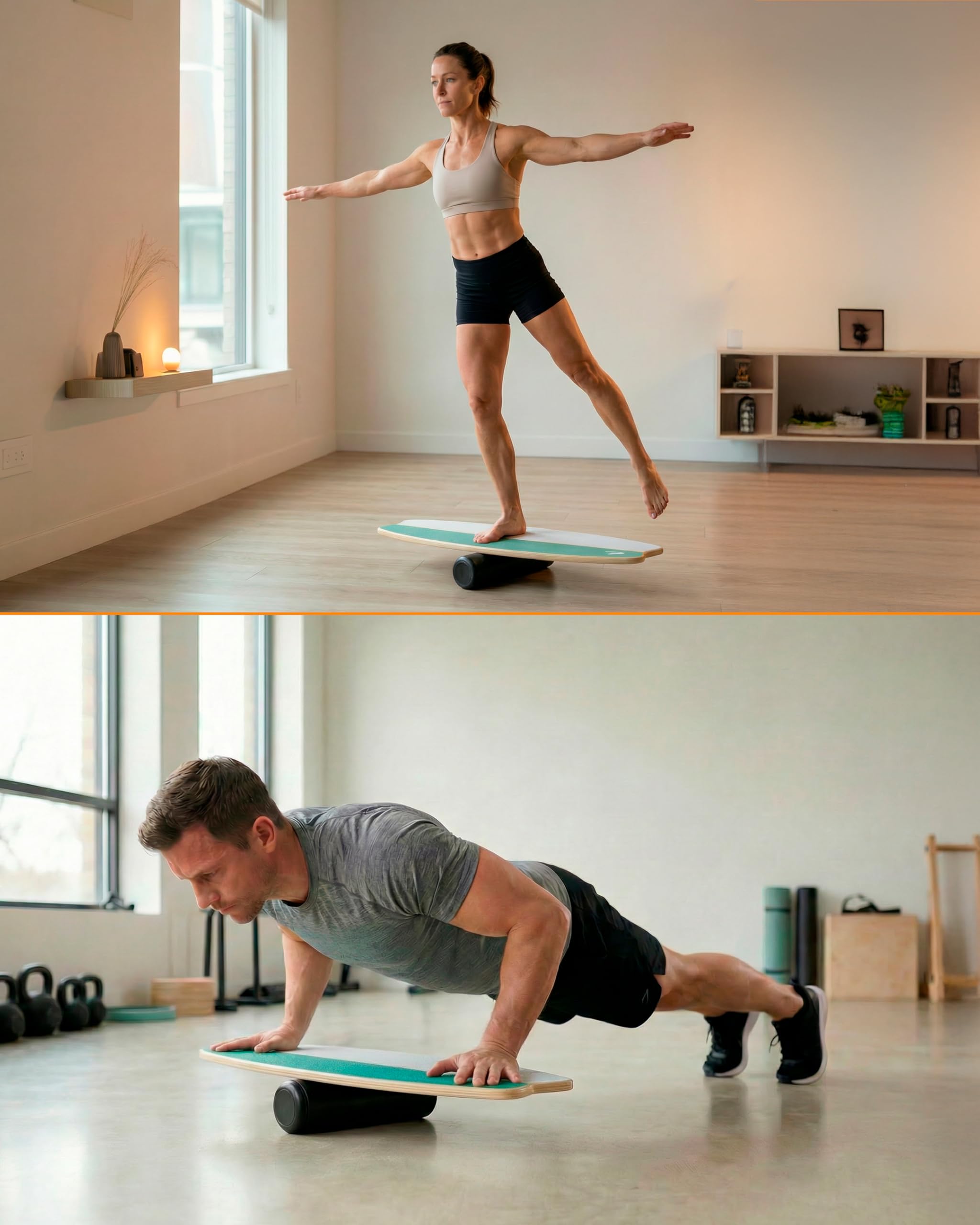 unycos - Tabla de Equilibrio Multifunción de Madera 80 x 35 cm con Rodillo y Pelota, Balance Board Antideslizante con 7 Modos y Topes Magnéticos, hasta 200 kg, para Core, Coordinación y Fitness