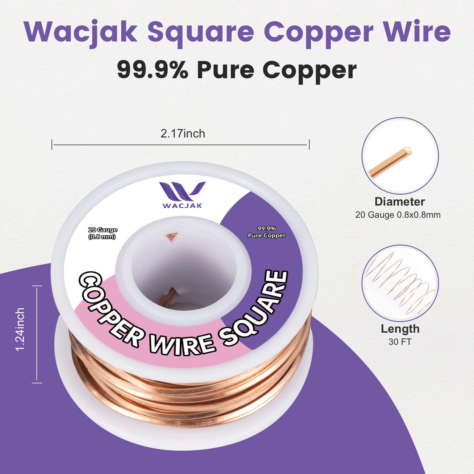 Wacjak 20 Gauge Square Copper Wire 99.9% Pure Copper Wire for Jewelry Making 30 Ft