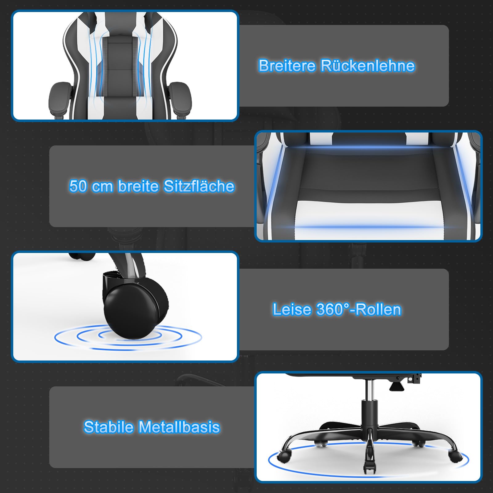 Devoko Gaming Stuhl mit Massagefunktion, Bürostuhl Ergonomisch mit Verstellbarer Ruckenlehne (90-135), Schreibtischstuhl mit Bewegliche Armlehne, max 135kg, Schwarz Weiß