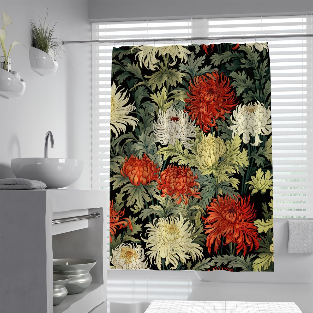 OLLIAR Home Boho Floral Shower Curtains for Bathroom 120x180 Bright Chrysanthemum Green Bath Curtain Waterproof Washable Fabric Shower Curtain Set with Hooks