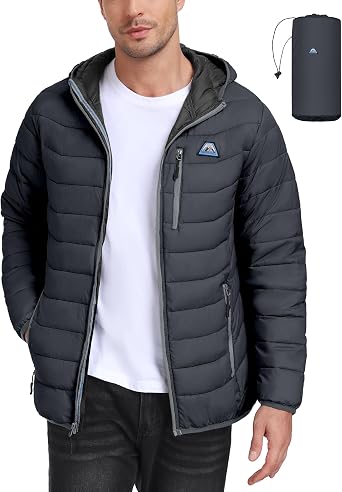 Mapamyumco Mens Lightweight Packable Hooded Puffer Jacket Puffy Waterproof Windproof Winter Coat for Snow Ski Hiking Travel