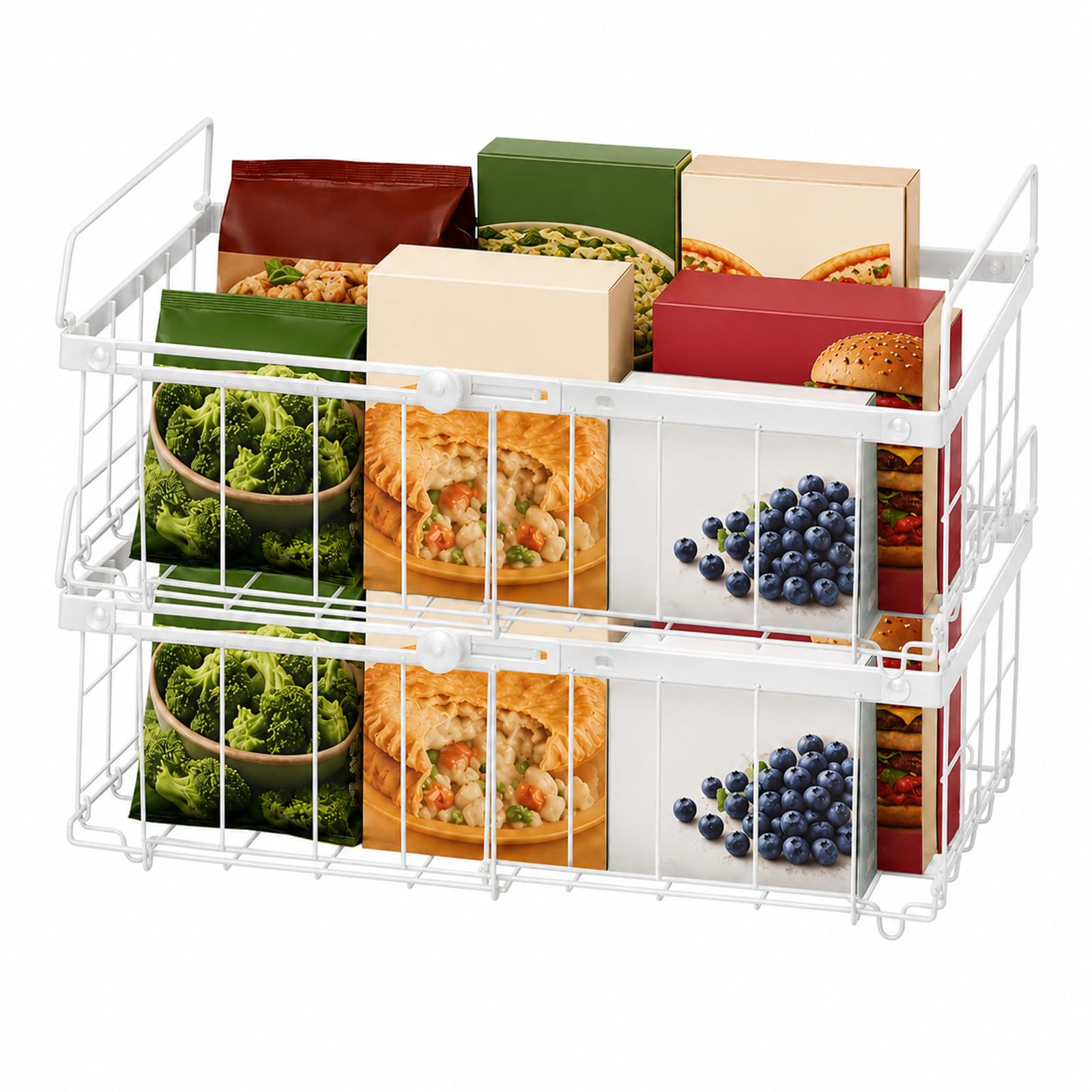 FERNVALE 2 Pack Expandable Stackable Chest Freezer Baskets,Storage Bins with Foldable Handles, Fridge Organisation Containers for Frozen Food, Load Capacity 25KG, Space-Saving Pantry Rack (2, White)