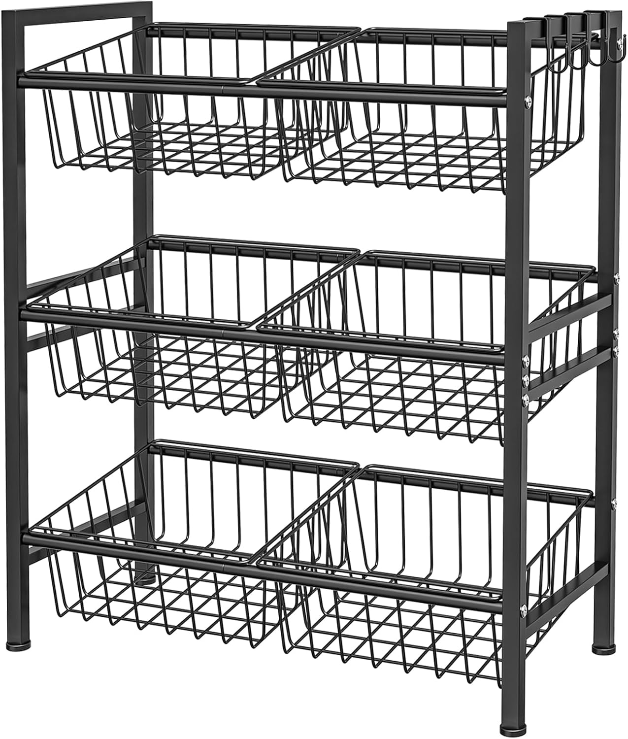 Kitchen Storage Basket Shelf, Snack Basket Shelf, 3 Tier Fruit Vegetable Basket Stand, Metal Pantry Storage with 6 Stackable Wire Baskets, Black