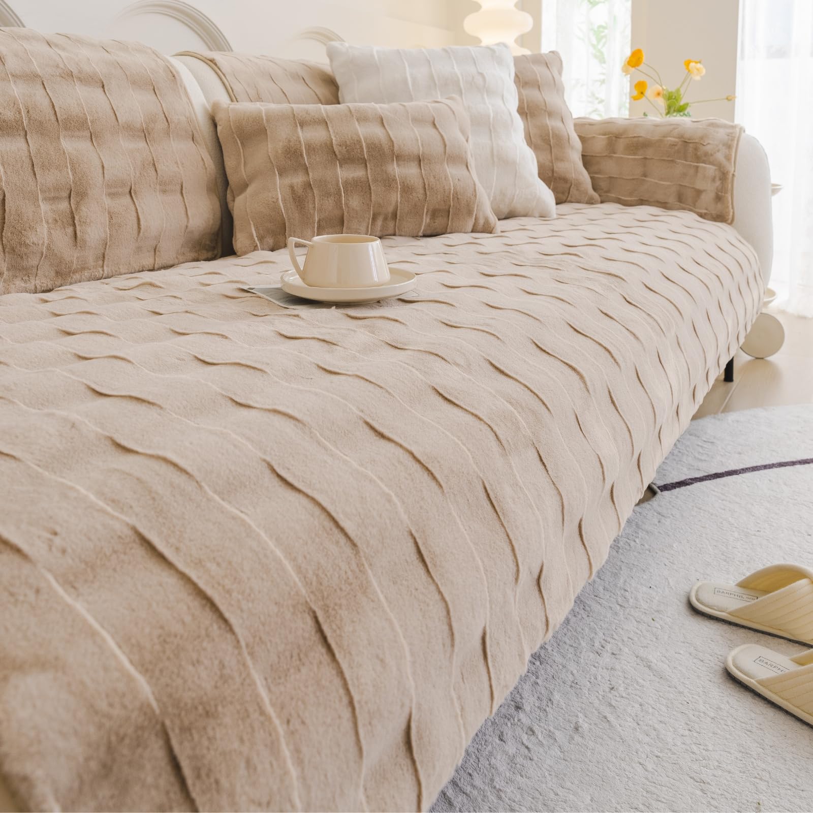 Huierxun 3D Fuzzy Rabbit Plush Sofa Cover Soft Fur Sectional Couch Cover Fluffy Faux Fur Cushion Cover Non-Slip Sofa Slipcovers Furry Cozy Shaggy