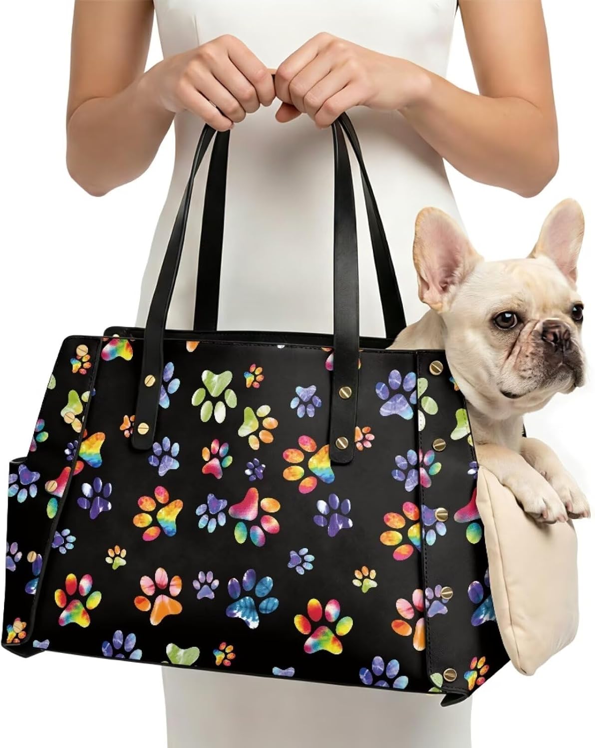 COEQINE Dog Bag Carrier Holder Travel Multicolor Paw Prints Black Large Leather Tote Bag for Women Daily Commuting Pet Tote Bag Carrier 15 Pounds,15x9x6 in