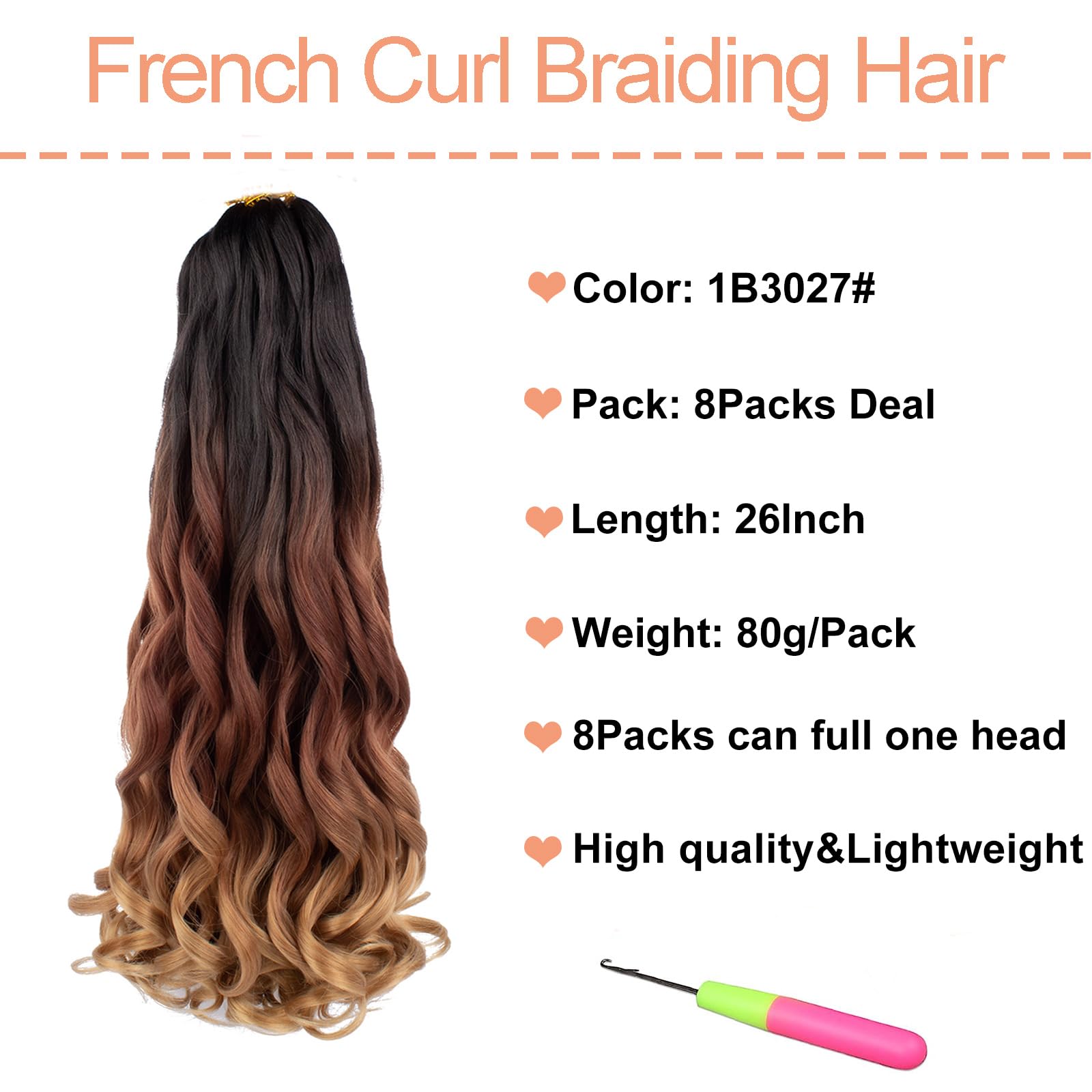 Mscat 26 Inch 8 Packs Pre Stretched French Curly Braiding Hair Loose Wave Bouncy Hair Extensions 1B3027#, 26 Inch (Pack of 8) - Image 2